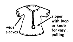 wide sleeves & zipper with loop or knob for easy pulling.