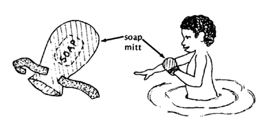 A soap mitt like this lets the child who has difficulty grasping use both the washcloth and soap more easily.