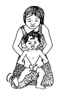To stop a child who is hurting himself, hold him from behind tightly, but quietly.