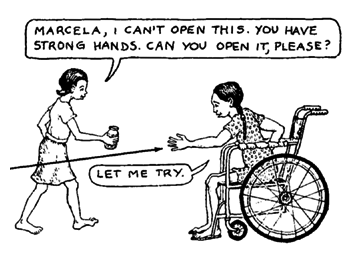 A child with weak legs, who has to walk with crutches often develops very strong arms and hands