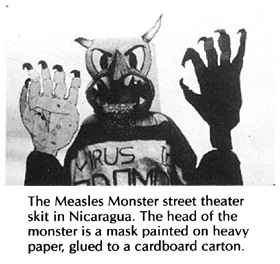The Measles Monster street theater skit in Nicaragua. The head of the monster is a mask painted on heavy paper, glued to a cardboard carton.