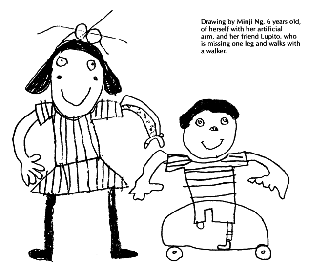 Drawing by Minji Ng, 6 years old, of herself with her artificial arm, and her friend Lupito, who is missing one leg and walks with a walker
