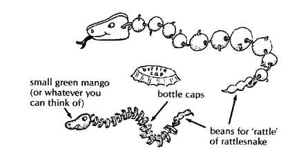 Snakes can be made by stringing nuts, 'caps' of acrons, bottle caps.