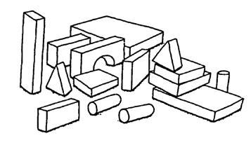 Building blocks (of wood, clay, or layers of cardboard)