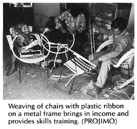 Weaving of chairs with plastic ribbon on a metal frame.