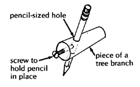 pencil-sized hole, screw to hold pencil in place, piece of a tree branch.