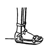 A metal brace with a backstop that lets the foot bend up.