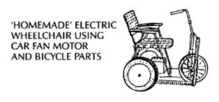 'Homemade' electric wheelchair using car fan motor and bicycle parts.