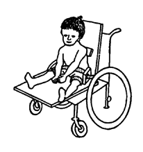 To seat the child, the frame can be put on the ground, a table, a chair, or into a wheelchair.