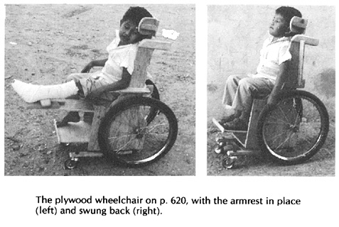 The plywood wheelchair with the armrest in place (left) and swung back (right).