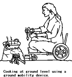 Cooking at ground level using a ground mobility device.