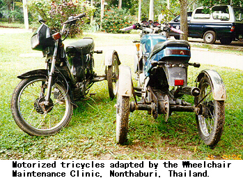 Motorized tricycles adapted by the Wheelchair Maintenance Clinic, Nonthaburi,Thailand.