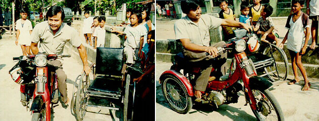 He is trying to ride on a tricycle made for the disabled persons.