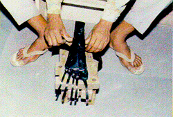 The pieces of blocks are glued together with vulcanizing solution.