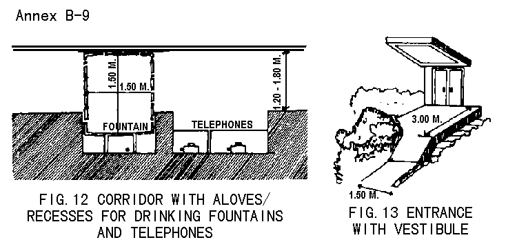 Figure 12. Corridor with alcoves/recesses for drinking fountains and telephones / Figure 13. Entrance with vestibule