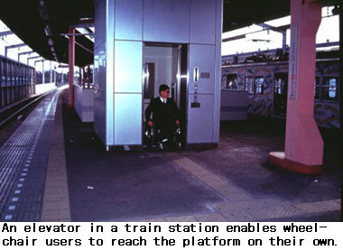 An elevator in a train station enables wheelchair users to reach the platform on their own.