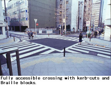 Fully accessible crossing with kerb-cuts and Braille blocks.
