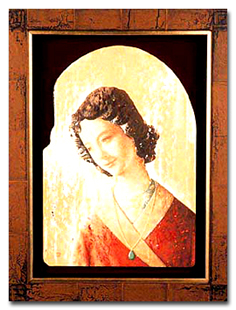 a painting of a woman, from the shoulders up, posed in a style of a religious portrait, framed by an arch