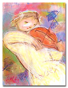a painting of a girl playing violin in soft pastel colors