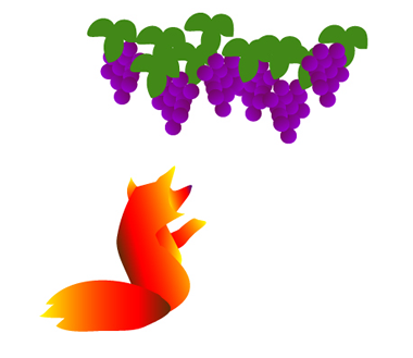 Illustration: Fox eager to catch a bunch of grape.