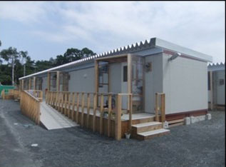 Overview of Yamamoto Town temporary welfare houses devised with wider eaves and more spacious entrance than the standards