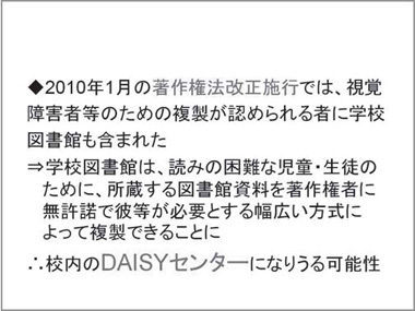 2010年1月の著作権法改正施行では、視覚障害者等のための複製が認められる者に学校図書館も含まれた