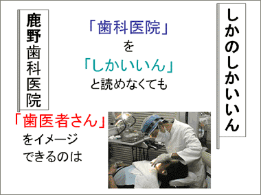 「鹿野歯科医院」と「しかのしかいいん」、どちらが「歯医者さん」をイメージできるか