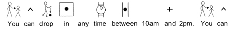 RebusシンボルをYou can drop in any time between 10 am and 2 pmの単語の上に一つづつ置いている。