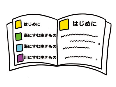  イラスト：目次や見出しを色分けをして読みやすくした本