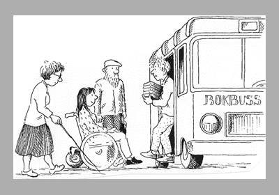 イラスト：Book Bus(移動図書館)を利用する障害者や高齢者