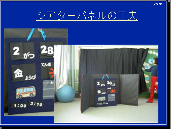 シアターパネルの工夫 大きなパネルに２がつ２８にち金ようびてんき晴れのマークとバスの絵その下に１：００と３：１０の文字