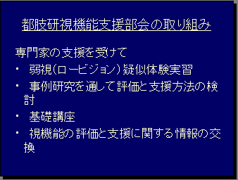 都肢研視機能支援部会の取り組み 専門家の支援を受けて・弱視（ロービジョン）疑似体験実習・事例研究を通して評価と支援方法の検討・基礎講座・視機能の評価と支援に関する情報の交換