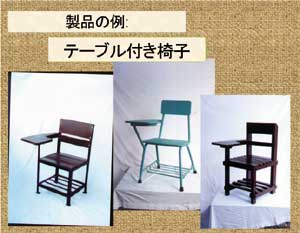 写真1：製品の例。木材とスチールで作られ右ひじ側に小テーブルが付いた椅子が3脚並んでいる様子。