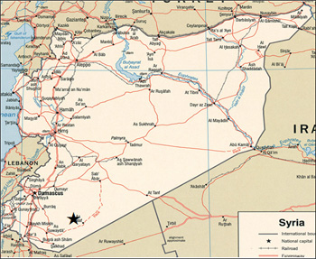 地図上におけるシリア・カフリーン村の所在地。首都ダマスカスの近郊に位置している。