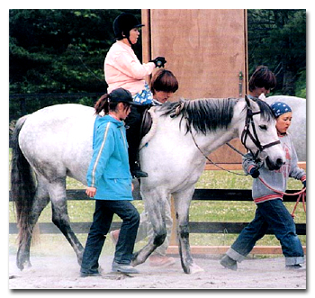馬に乗る人とそのまわりを歩く人たちの写真