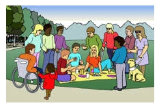 絵：障害のある人もない人も一緒にピクニックを楽しんでいる