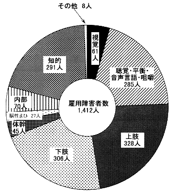 円グラフ：障害種類別の雇用状況