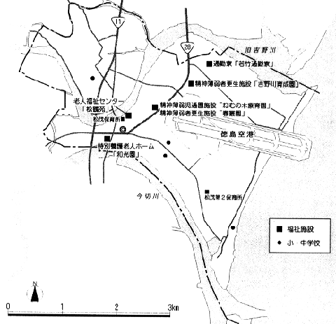 障害者・高齢者に関する保健・医療・福祉施設の配置図（松茂町）