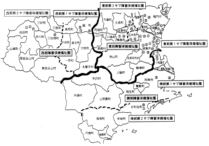 障害保健福祉圏域及び障害福祉施設配置状況図