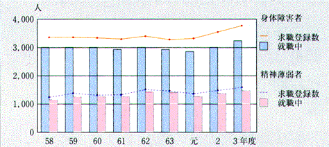 障害者の求職登録数及び就職者数グラフ（各年度３月31現在）