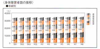 グラフ：身体障害者数の推移　等級別