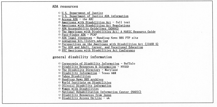 図２　ＡＤＡ ＆ Ｄｉｓａｂｉｌｉｔｙ Ｉｎｆｏｒｍａｔｉｏｎの画面（一部）（http://www.esrin.esa.it:8080/handy/om/distr/iu/local/ada.html）