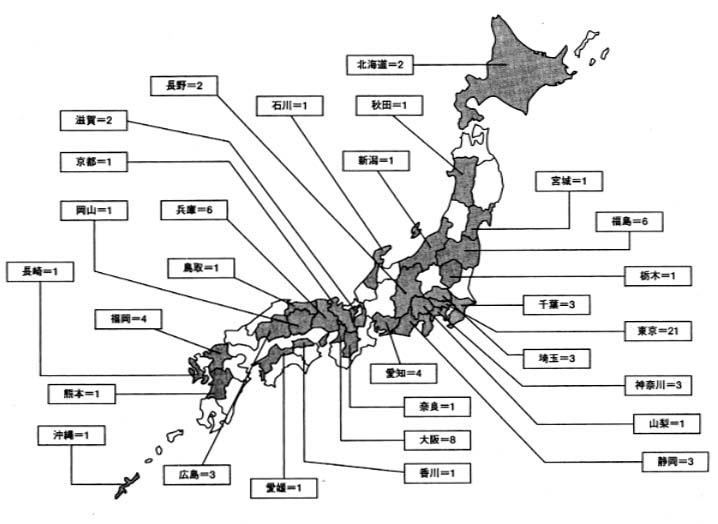 図　日本の自立生活センター分布状況　　北海道＝２、宮城＝１、秋田＝１、福島＝６、栃木＝１、埼玉＝３、千葉＝３、東京＝２１、神奈川＝３、新潟＝１、石川＝１、山梨＝１、長野＝２、静岡＝３、愛知＝４、滋賀＝２、京都＝１、大阪＝８、兵庫＝６、奈良＝１、鳥取＝１、岡山＝１、広島＝３、香川＝１、愛媛＝１、福岡＝４、長崎＝１、熊本＝１、沖縄＝１