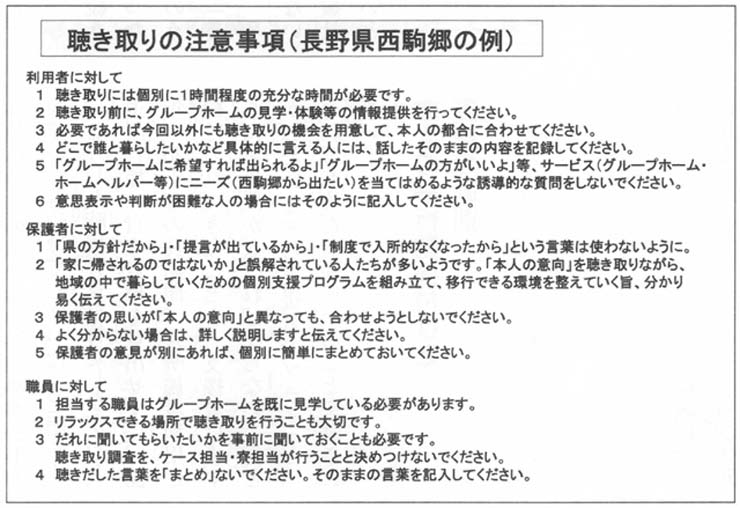 図３　聴き取りの注意事項（長野県西駒郷の例）