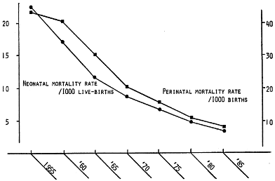 図１　1955年から1985年までの周産期死亡率と早期新生児死亡率（全国平均）
