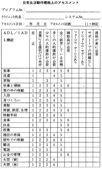 表２　日常生活動作アセスメント用紙