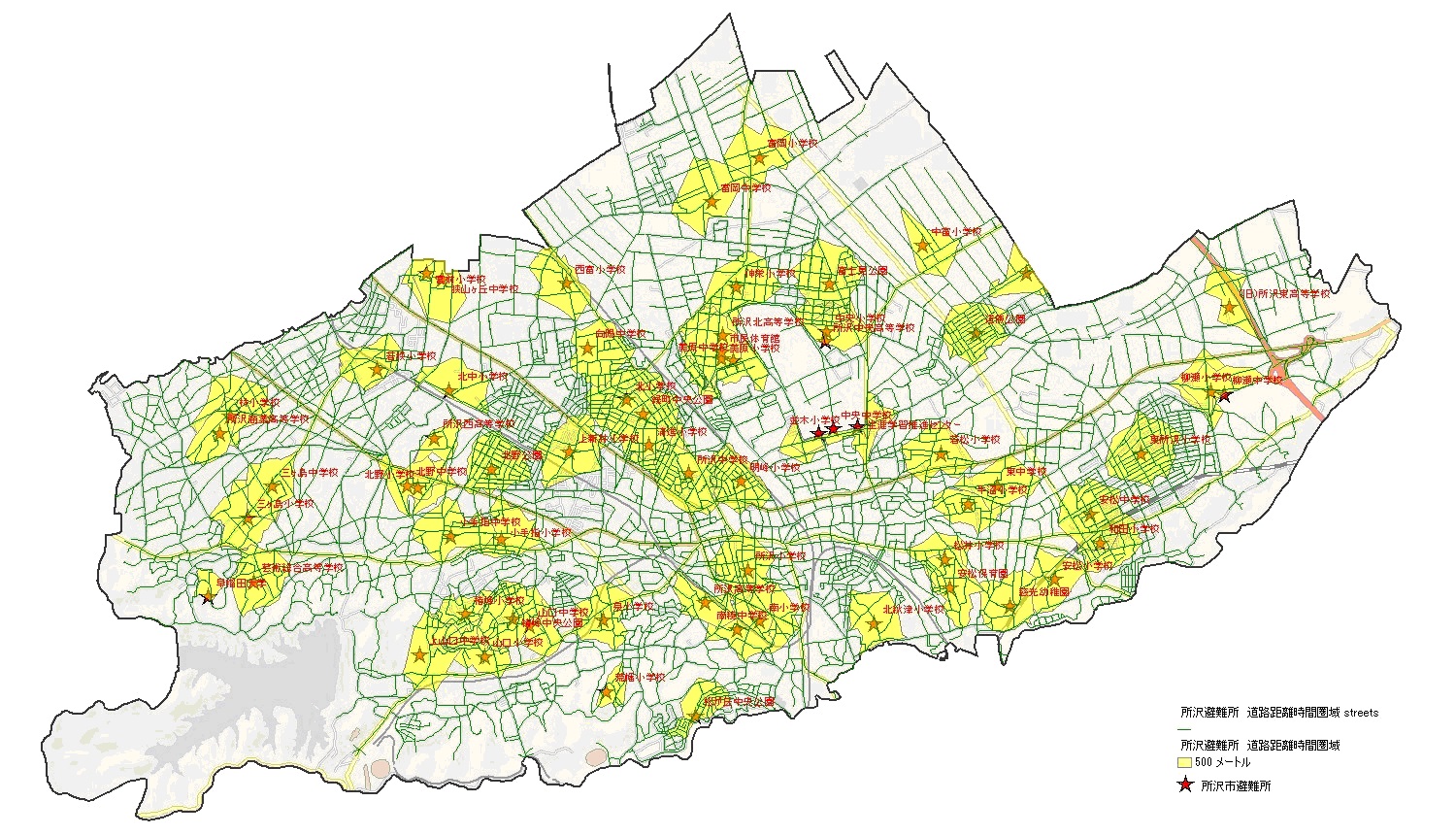 図２　★は一次避難所を、線は道路を示す。 