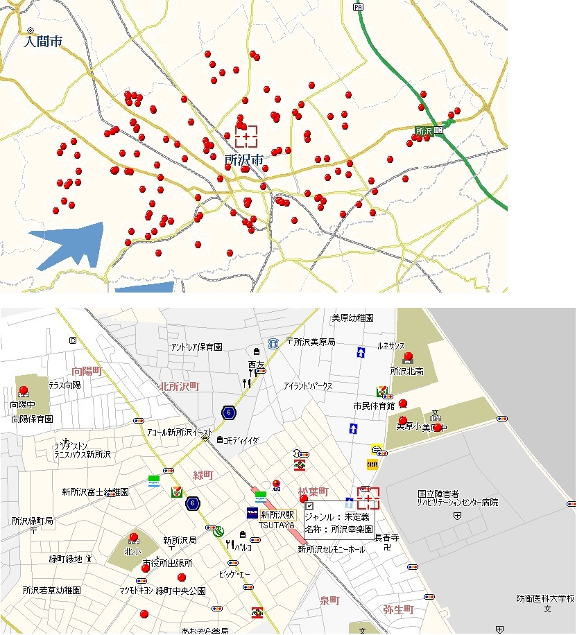 図４　電子地図に表示した避難所になりうる地域の資源（○で表示）。下は拡大版。