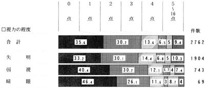 視力の程度別　日常生活動作能力の点数　帯グラフ