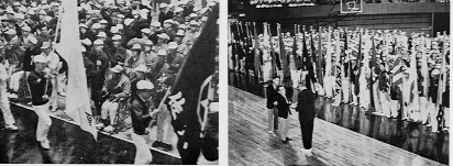 左、各県旗の入場。右、特別参加の西ドイツ代表より記念品をうける葛西会長